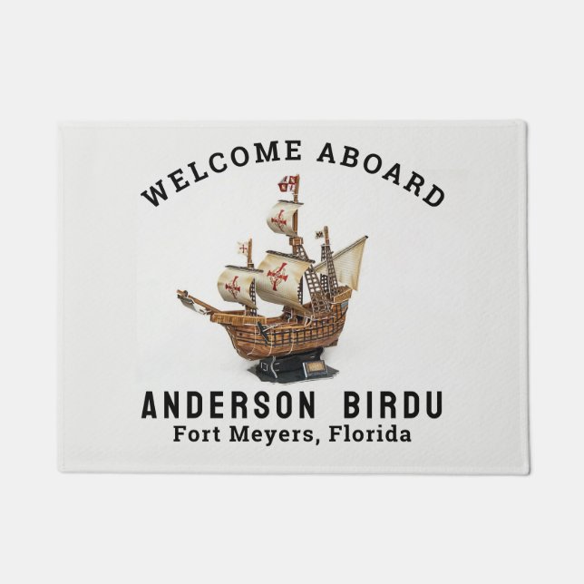 Felpudo Bienvenido a bordo Nombre del barco Anchor Doormat (Anverso)