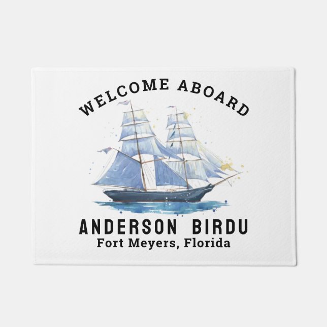 Felpudo Bienvenido a bordo Nombre del barco Anchor Doormat (Anverso)