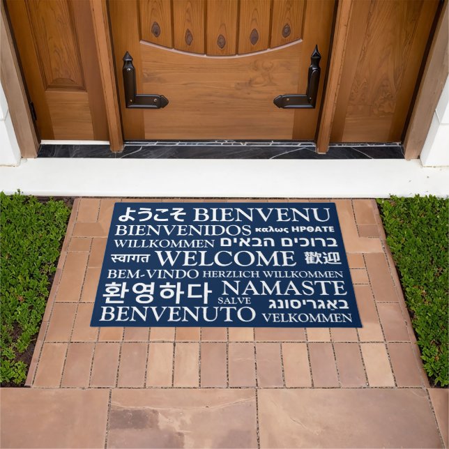 Felpudo Bienvenido a diferentes idiomas azul marino elegan (Exterior)