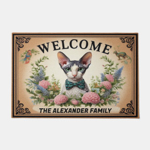 Felpudo Bienvenido a la Moda floral del gato rex de Cornua