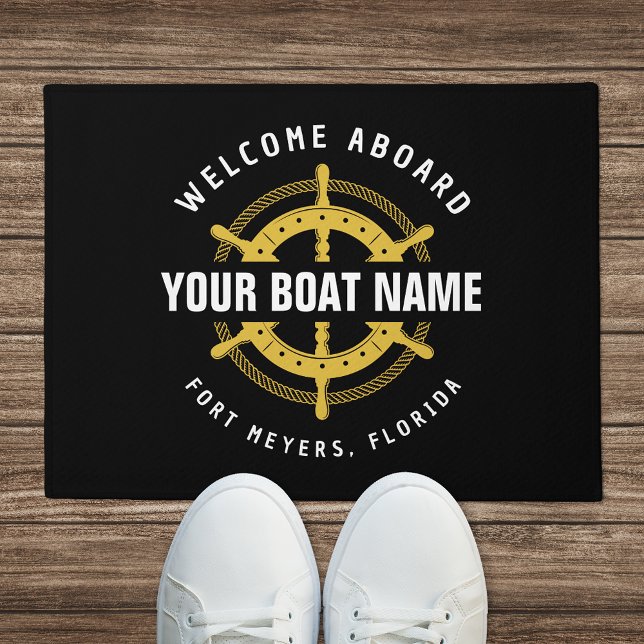 Felpudo Bienvenido Aboard Nautical Bote Name Black & Gold (Subido por el creador)