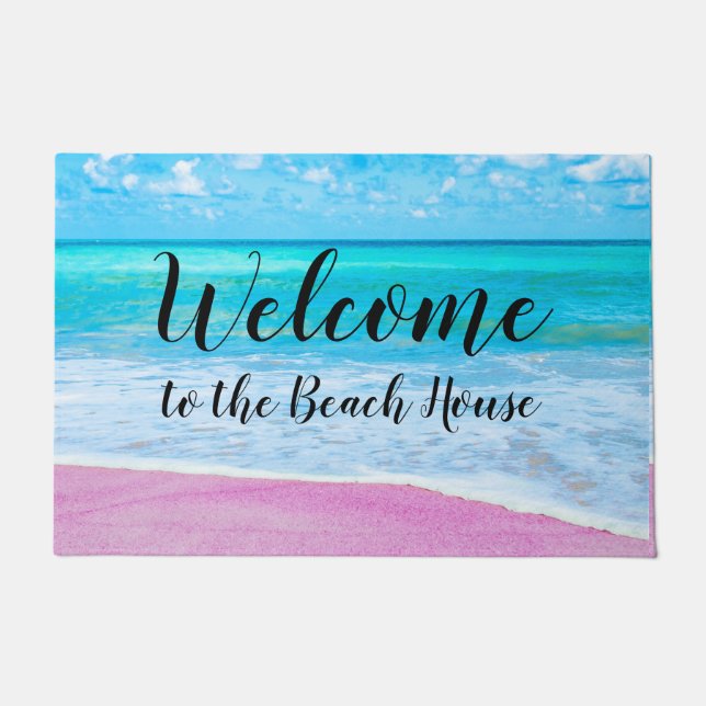 Felpudo Bienvenido al Beach House Pink Sand Beach Ocean (Anverso)