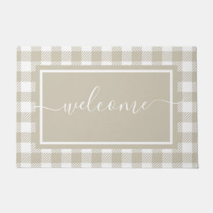 Felpudo Bienvenido al Plan de Gingham de Plaid Tan y White