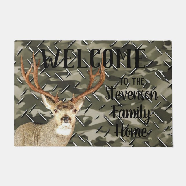 Felpudo Bienvenido Camo Deer Hunting Buck Antlers Nombre d (Anverso)