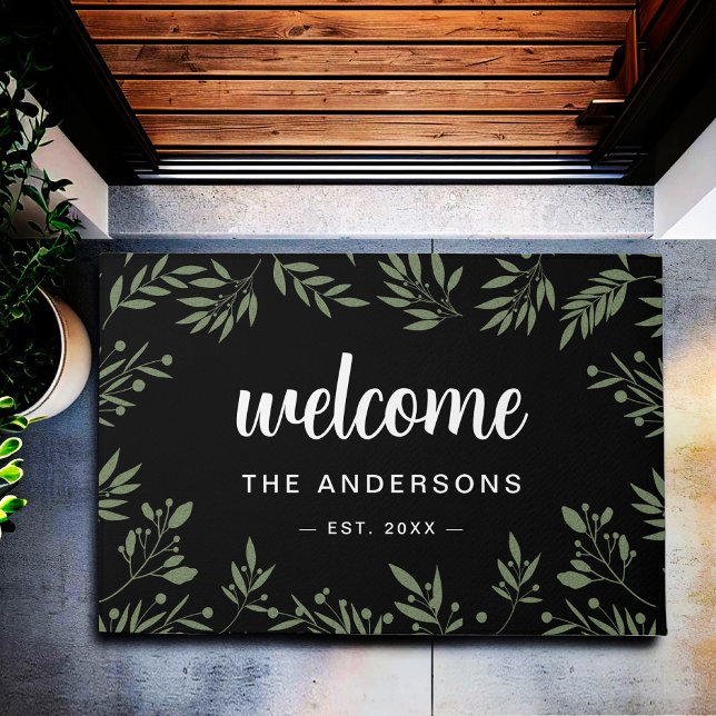 Felpudo Bienvenido Elegante negro Foliage Verde personaliz (Subido por el creador)