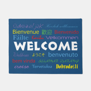 Felpudo Bienvenido en muchos idiomas fondo azul