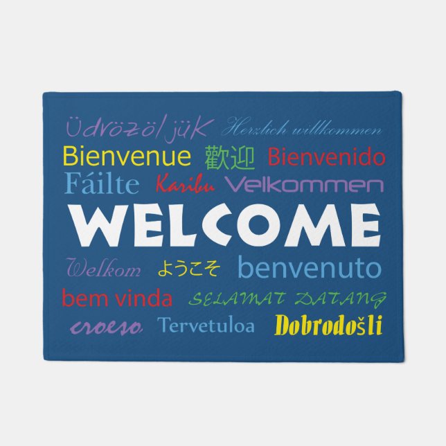 Felpudo Bienvenido en muchos idiomas fondo azul (Anverso)