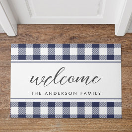 Felpudo Bienvenido Farmhouse Blue Buffalo Plaid Nombre de 
