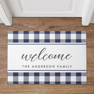 Felpudo Bienvenido Farmhouse Blue Buffalo Plaid Nombre de