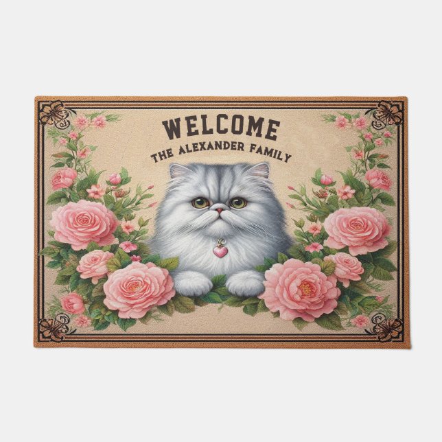 Felpudo Bienvenido floral al gato persa personalizado (Anverso)