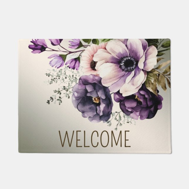 Felpudo Bienvenido Flores Púrpura Rosa Golden Elegant (Anverso)