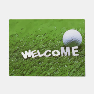 Felpudo Bienvenido golfista con bola de golf en césped ve