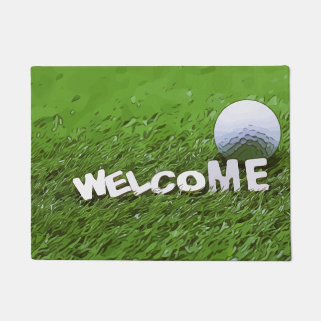 Felpudo Bienvenido golfista con bola de golf en césped ver (Anverso)