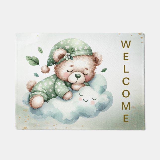 Felpudo Bienvenido Green Boho Sleeping Teddy Bear Cute (Anverso)