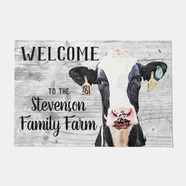 Felpudo Bienvenido Holstein Cow Animal Family Farm (Anverso)