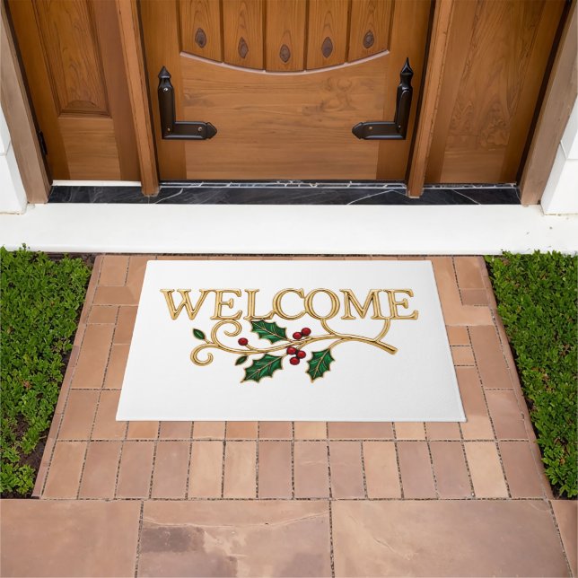 Felpudo Bienvenido invitado de Navidad de acebo (Exterior)