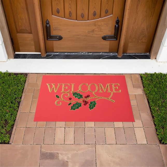 Felpudo Bienvenido invitado de Navidad de acebo  (Exterior)