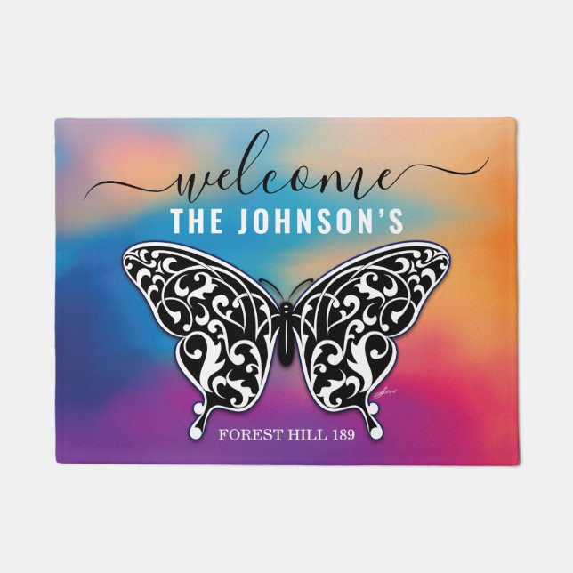 Felpudo Bienvenido Mariposa Apellido Personalizado Familia (Anverso)