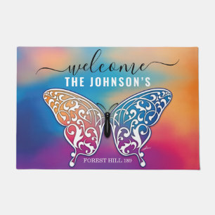Felpudo Bienvenido Mariposa Nombre de Familia Personalizad