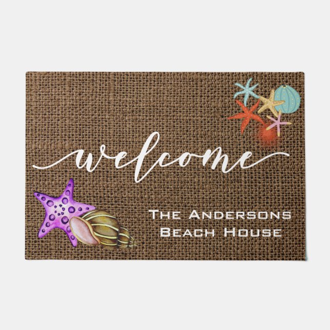 Felpudo Bienvenido Mat Beach House Burlap Personalizado (Anverso)
