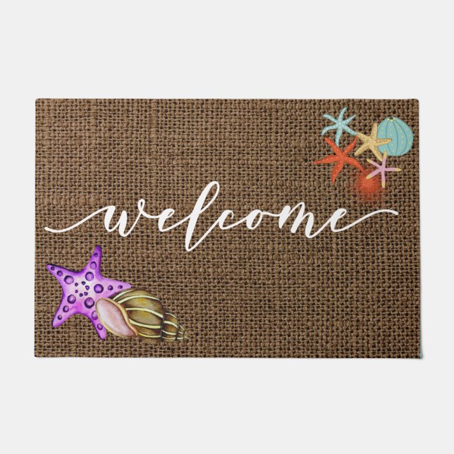 Felpudo Bienvenido Mat Beach House Burlap Starfish Shell (Anverso)