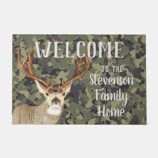 Felpudo Bienvenido Mule Deer Hunting Buck Antlers Camo (Anverso)
