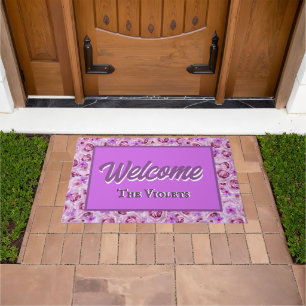 Felpudo Bienvenido personalizado con flores de lila púrpur