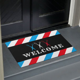 Felpudo Bienvenidos a Barbershop Blue Red Stripes