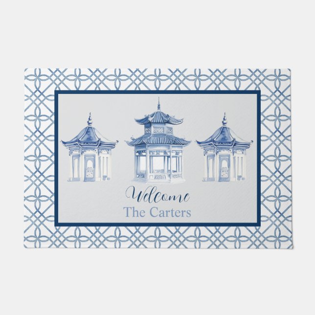 Felpudo Bienvenidos a Chinoiserie Pagoda Custom Name (Anverso)