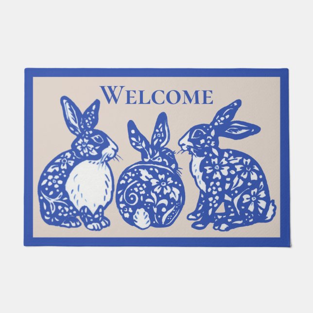 Felpudo Bienvenidos a Chinoiserie Rabbit Blue White Bunny  (Anverso)