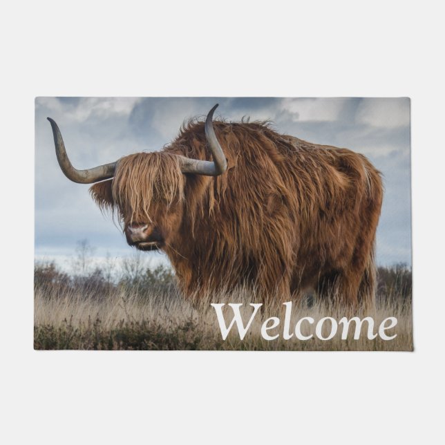Felpudo Bienvenidos a Fluffy Scottish Highland Cow (Anverso)