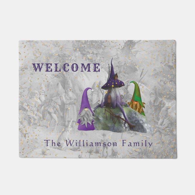 Felpudo Bienvenidos a Gnome Purple House Gold Confetti (Anverso)