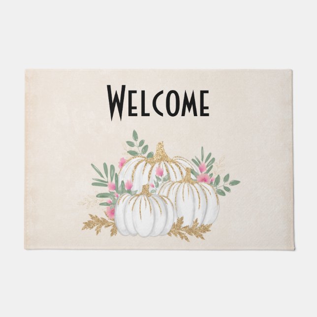 Felpudo Bienvenidos a la acuarela de las calabazas blancas (Anverso)