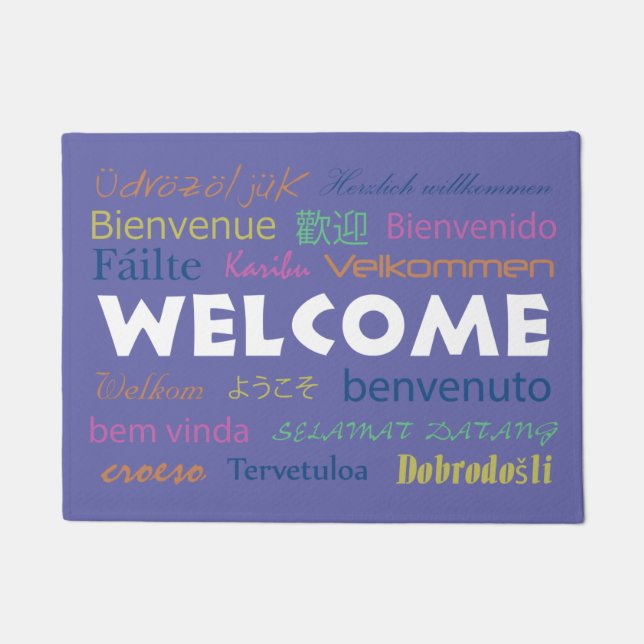 Felpudo Bienvenidos a muchos idiomas Perwinkle Blue (Anverso)