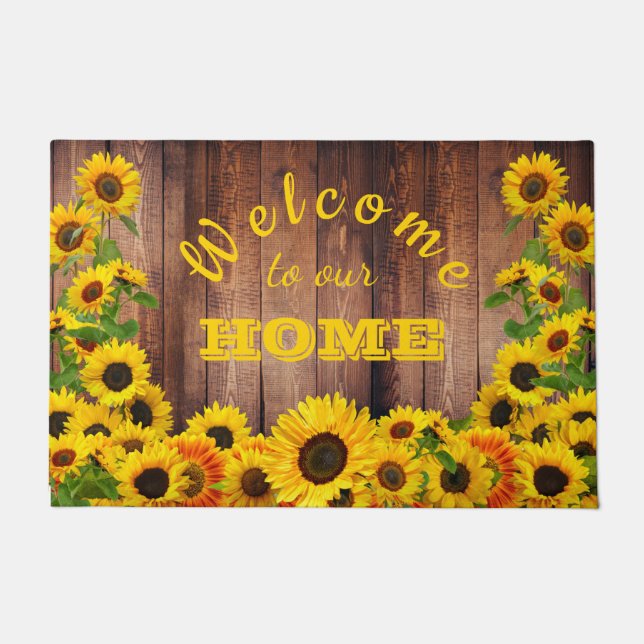 Felpudo Bienvenidos a nuestra casa girasoles amarillos de  (Anverso)