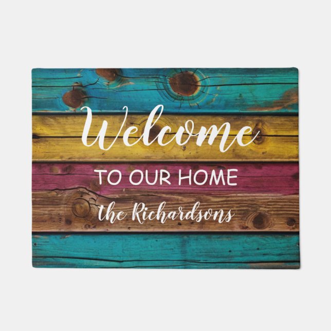 Felpudo Bienvenidos a nuestro Personalizado de Madera Colo (Anverso)