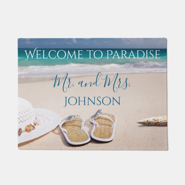 Felpudo Bienvenidos a Paradise Beach Mr. y Mrs. (Anverso)