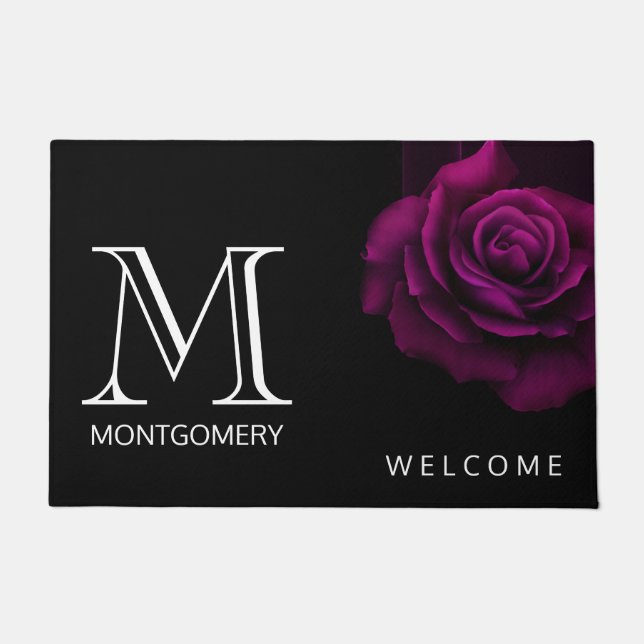 Felpudo Bienvenidos al Monograma de Flor Rosa Gótica Púrpu (Anverso)