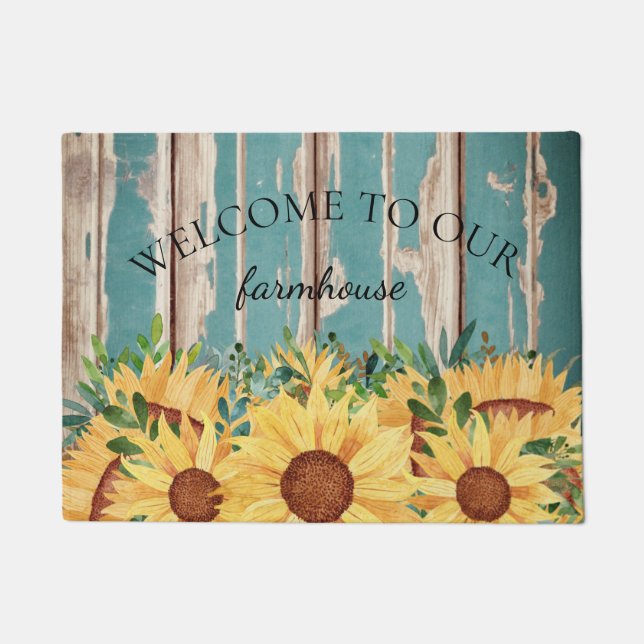Felpudo Bienvenidos al Sunflower acuarela y la madera rúst (Anverso)