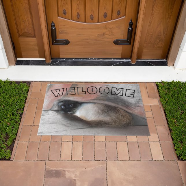 Felpudo BIENVENIDOS Gatito Siamés Ojo Azul debajo de una m (Exterior)