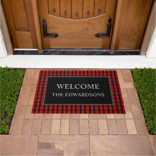 Felpudo Bienvenidos plaid rojo negro búfalo apellido famil