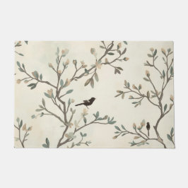 Felpudo Bird Branch Watercolor Beige Nature Painting