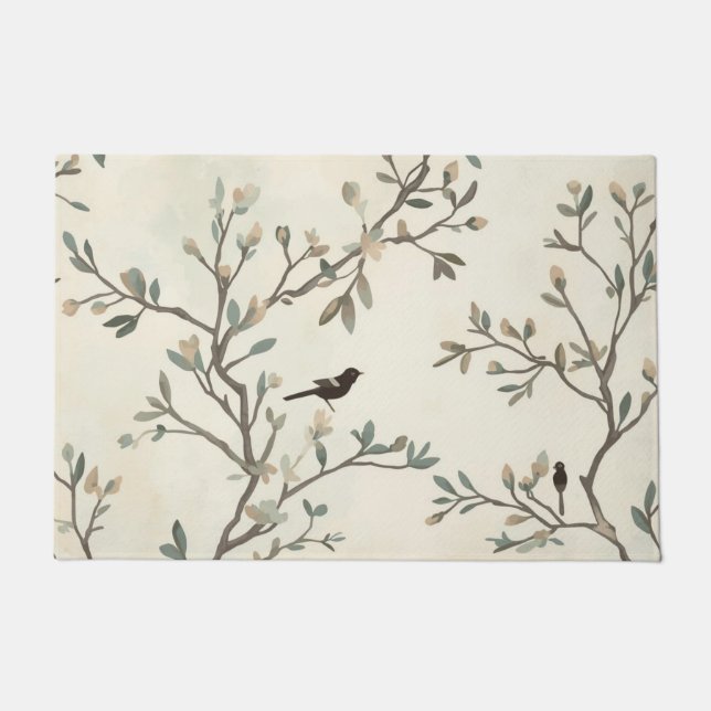 Felpudo Bird Branch Watercolor Beige Nature Painting (Anverso)