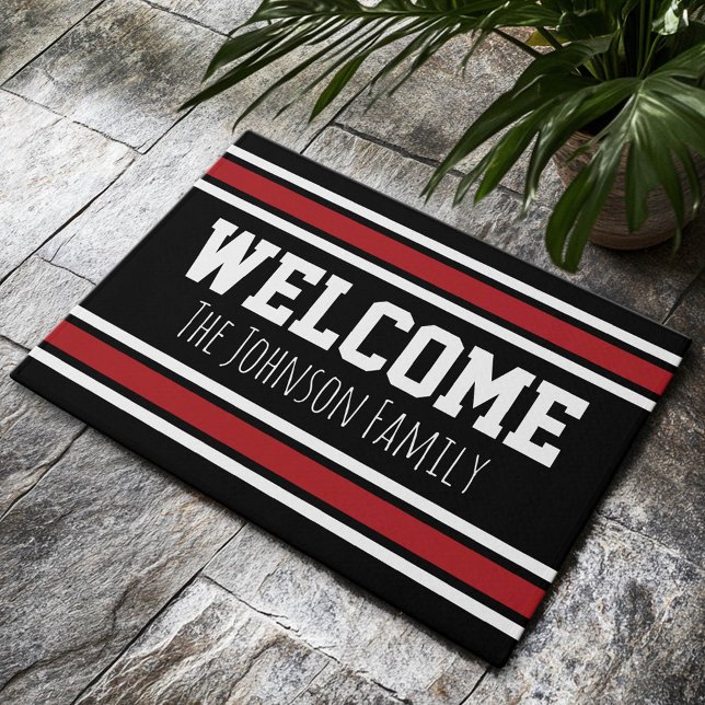 Felpudo Black and Red Sports Jersey con nombre - Bienvenid (Custom Welcome Doormat)