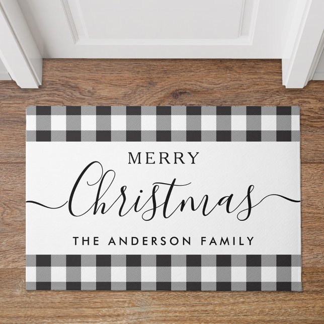Felpudo Black Buffalo Check Merry Christmas Family Name (Subido por el creador)