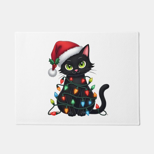 Felpudo Black Cat Christmas Lights Santa Hat Funny Xmas Ca (Anverso)
