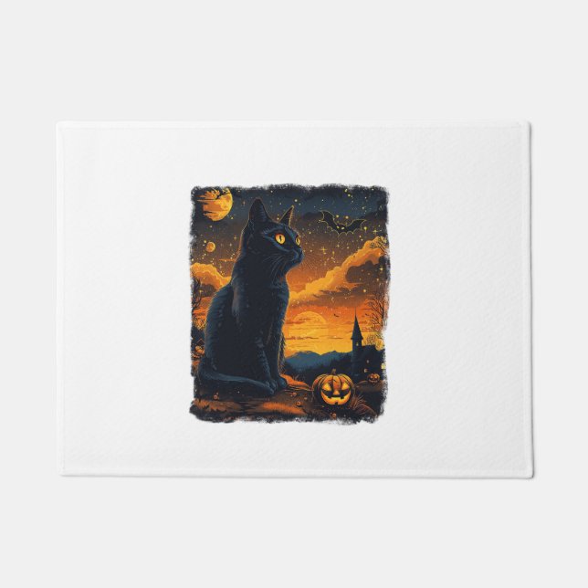 Felpudo Black Cat Starry Night Van Gogh Pumpkins Bats Hall (Anverso)