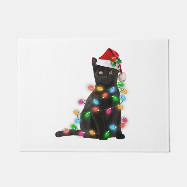 Felpudo Black Cat With Santa Hat Christmas Lights (Anverso)