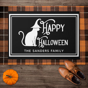 Felpudo Black Cat with Witch Hat & "Happy Halloween"