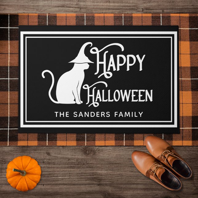 Felpudo Black Cat with Witch Hat & "Happy Halloween" (Subido por el creador)